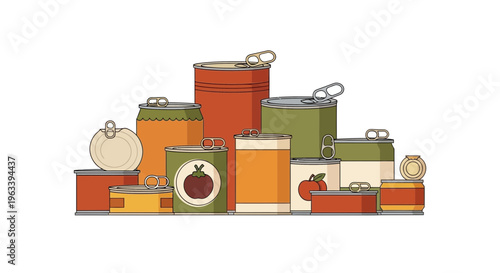 Assortment of Canned Goods Stacked Together.