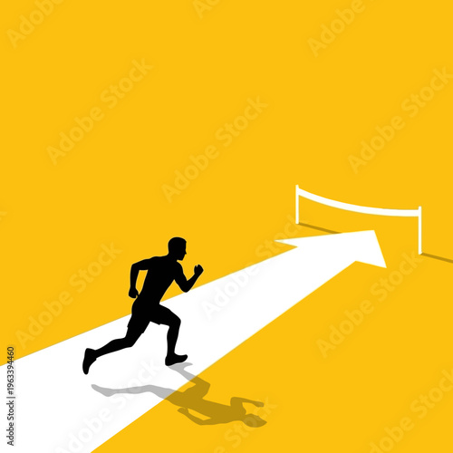 A determined athlete running towards a finish line in silhouette