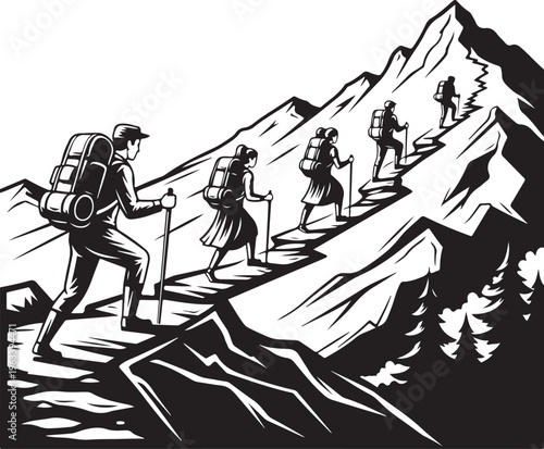 Hikers ascending a rugged mountain trail with backpacks and trekking poles in a black and white woodcut style illustration.