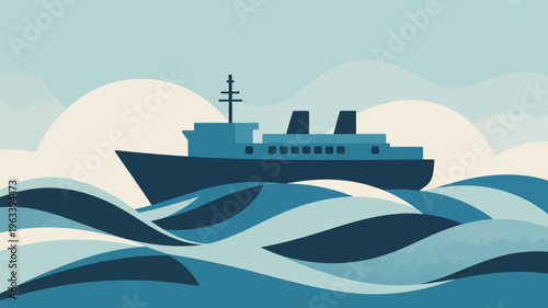 A dark blue ship sailing on stylized teal and white ocean waves
