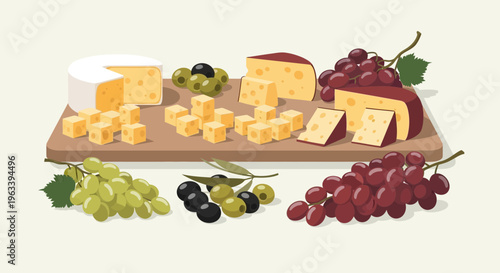 Assortment of Cheeses and Grapes on a Wooden Board.
