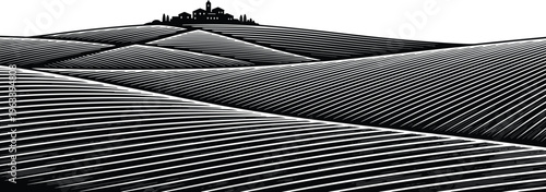 Vineyard landscape vector with rolling hills and a village on top, transparent background.