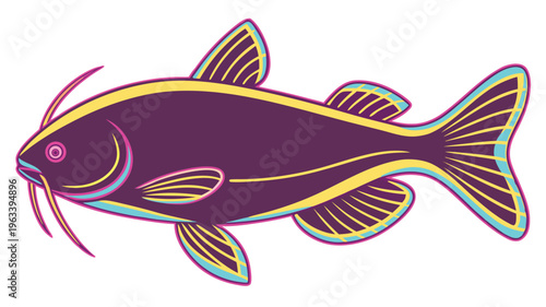 Illustration of a dark purple catfish with yellow accents and whiskers, rendered in a stylized graphic design with neon glow effect, white background, digital art