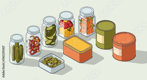 Assortment of Preserved Foods in Jars and Containers.