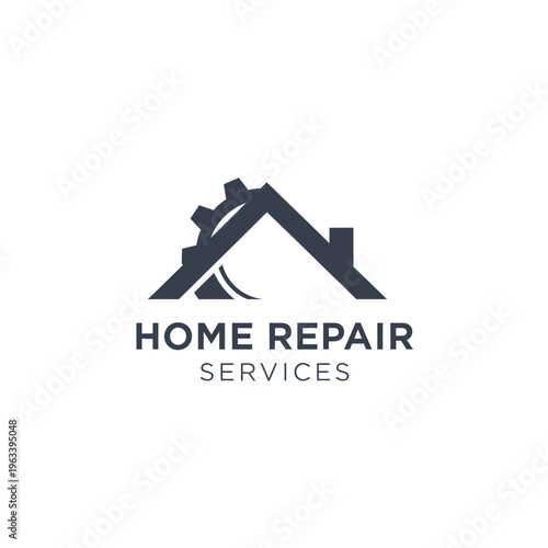 Home repair services logo with gear and house outline creative sign for building maintenance company.