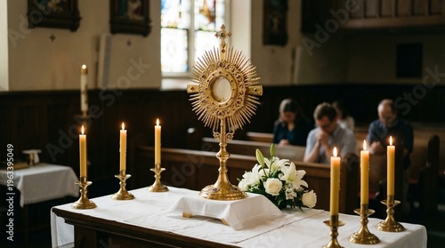 Golden monstrance with candles on altar in church, Eucharistic adoration scene with soft light and praying people