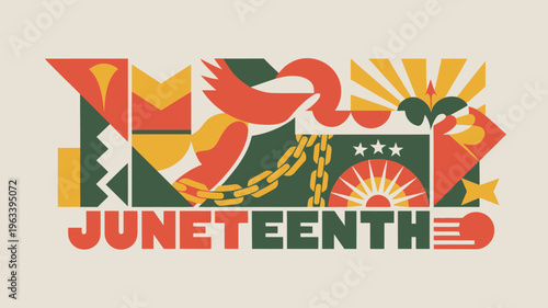 Juneteenth emblem featuring a bird broken chains and a radiant sunburst design