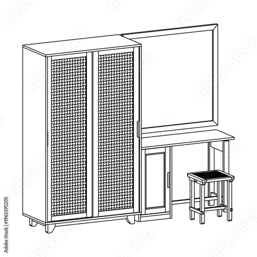 Perspective view of a dressing table set with mirror, stool, and wardrobe in clean line art. Modern minimalist design with depth and dimension for presentation and visualization.