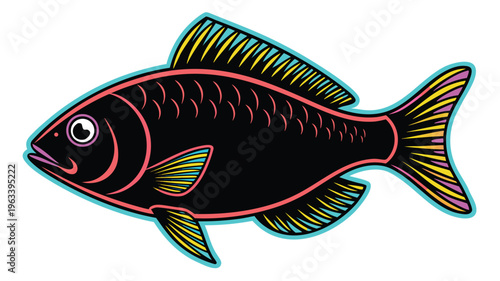 Black carp fish graphic with red and yellow accents - aquatic life and seafood concept with white background