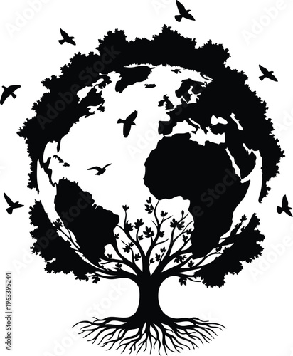 Tree roots and globe nature conservation vector illustration