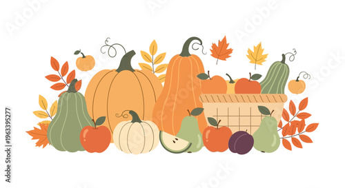 Autumn Harvest Bounty Assortment of Pumpkins and Fruits.