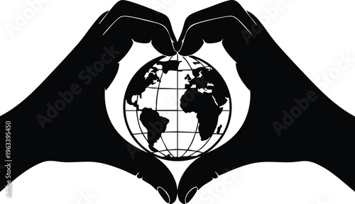 Hands forming heart around earth environmental care vector