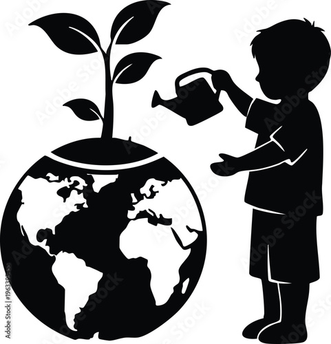 Child watering plant on globe sustainability vector illustration