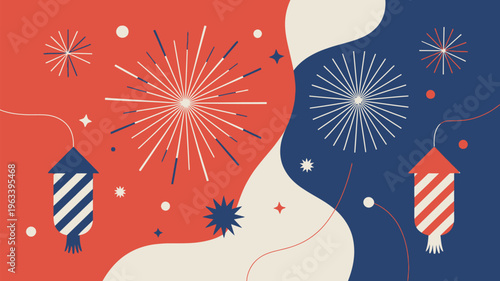 A vibrant illustration of fireworks and rockets in patriotic red white and blue