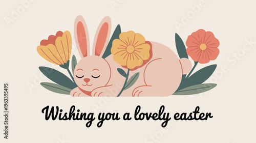 A charming illustration of a bunny nestled amongst vibrant spring flowers