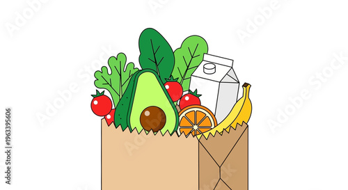 Brown Paper Bag Filled With Fresh Healthy Groceries.