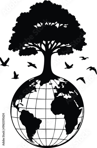Tree growing from globe with birds eco concept vector