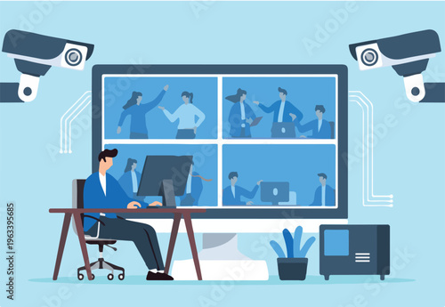 Flat illustration of man monitoring security cameras to ensuring safety and surveillance