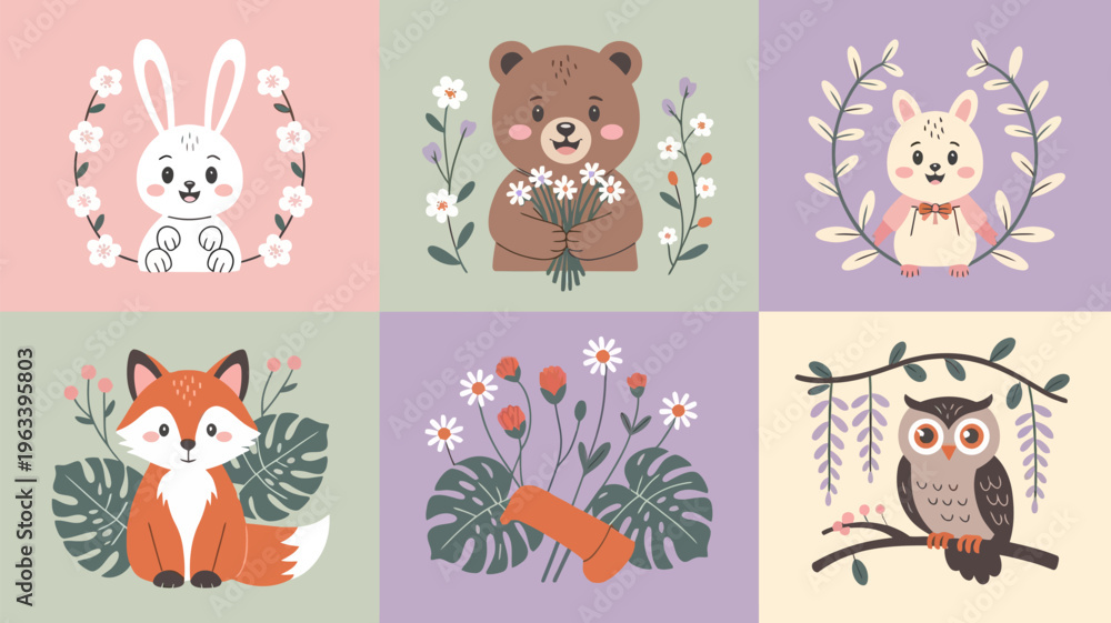 Obraz premium Charming animal illustrations with floral wreaths and botanical elements in pastel shades
