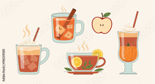 Collection of Autumnal Hot Drinks and Apple Slice Illustration.