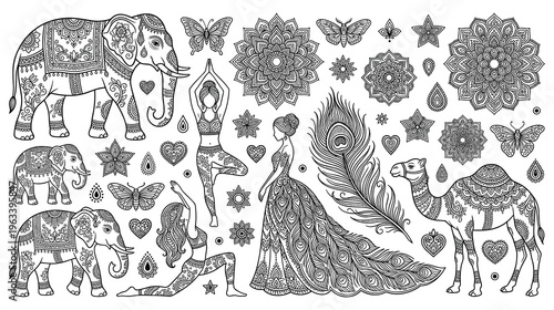 Ornate black and white linear indian illustration set for coloring book pages