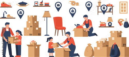 Moving and Packing Illustration with Family Relocation, Cardboard Boxes, Home Items, Delivery Markers, and Household Goods Organization for Residential Transition Concepts