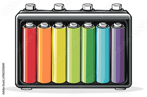 Colorful AA Batteries in a black holder, energy and power concept illustration