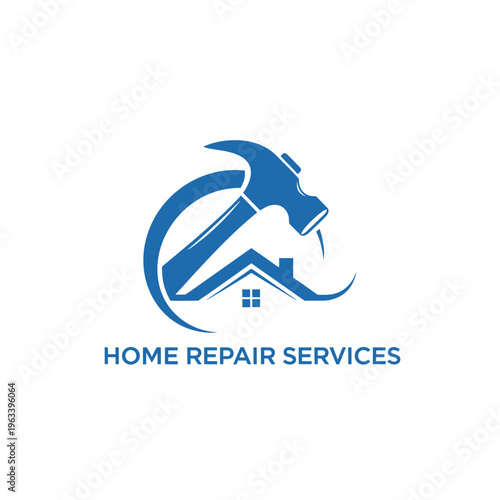 Home repair services logo with hammer, house silhouette, and arc shape in blue color.