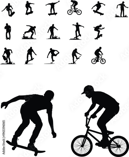 Collection of black silhouettes of skateboarders and BMX bikers performing tricks, dynamic extreme sports illustration, energetic modern artwork design