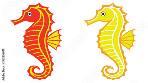 Two stylized seahorses - red and yellow aquatic animal illustrations with curled tails with curled tail with white background