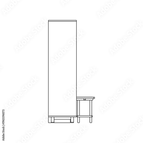 Side view line drawing of a dressing table set with mirror, stool, and wardrobe. Minimalist outline emphasizing proportions and structure for technical and design reference.