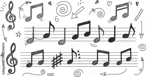Hand Drawn Music Notes Illustration with Staff Lines, Treble Clef, Musical Symbols, and Doodle Style Elements for Creative Sound and Melody Design