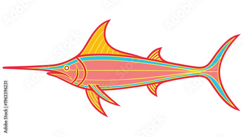 Pink and yellow marlin fish graphic illustration, stylized swordfish with blue accents, ocean life, white background, sport fishing, flat design, hand drawn, sea life