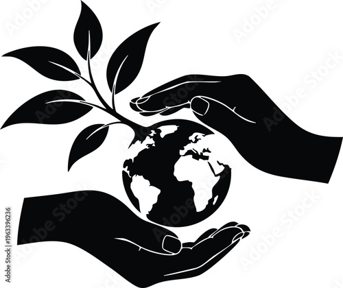 Hand holding globe with green leaves eco care vector