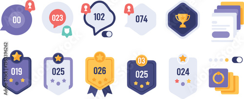 Gamification UI Elements Set with Achievement Badges, Progress Indicators, Notification Icons, Reward Trophies, and User Level Interface Components for Mobile App Design