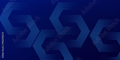 Abstract Blue Hexagonal Wireframe Network Background with Connected Concentric Lines for Technology, AI, Blockchain, and Corporate Concepts.