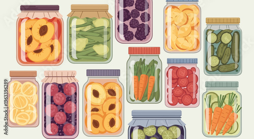 Collection of Preserved Fruits and Vegetables in Jars.