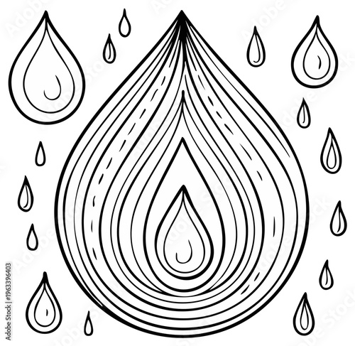 Artistic Doodle of a Large Water Drop Surrounded by Smaller Raindrops