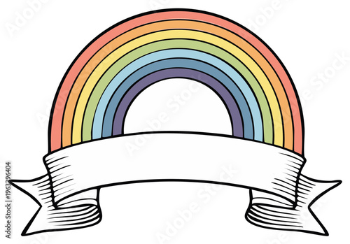 Colorful rainbow arc with a blank ribbon banner for text and copy space