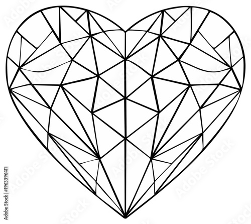 Abstract Heart Shape Faceted Geometric Design Outline Black Lines on White