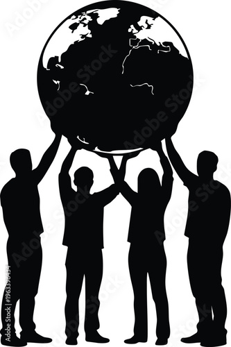Group of people lifting globe teamwork vector illustration