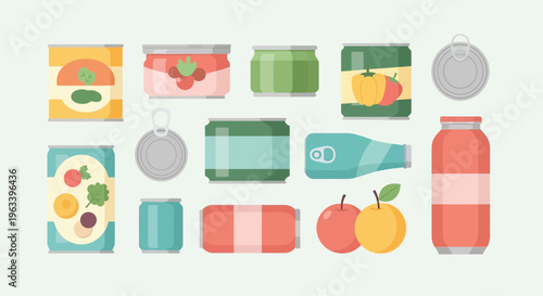 Collection of various food and drink containers and items.