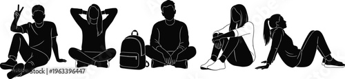Silhouette of people sitting in relaxed poses, casual leisure, peace sign, backpack, social interaction, expressive posture, human connection, lifestyle