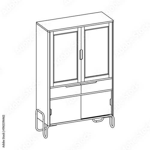 Perspective outline drawing of a cabinet with two drawers and sliding door rendered to highlight depth and storage composition.