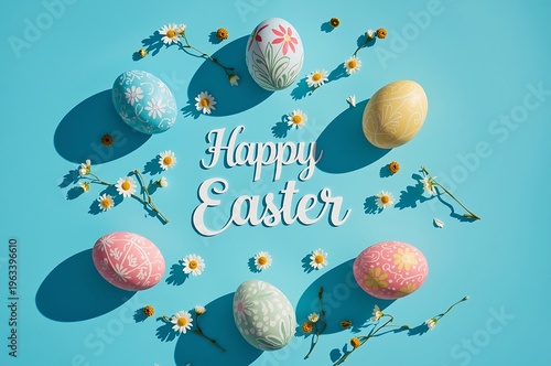 Sunny Happy Easter Calligraphy Text with Textured Pastel Eggs and Spring Flowers on a Bright Blue Background with Shadows, Festive Holiday Flat Lay Top View