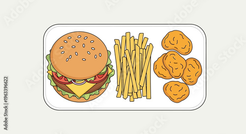 Delicious Burger Fries and Chicken Nuggets Meal Combo.