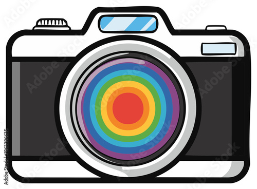 Illustrated camera design with rainbow lens colors, perfect for photography and design themes.