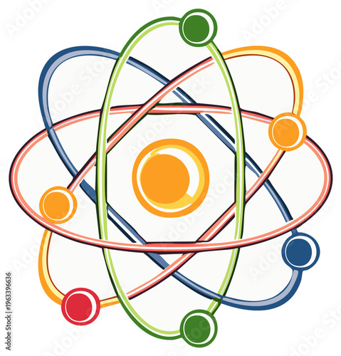 Colorful stylized illustration of an atom model with orbiting electrons representing science and energy
