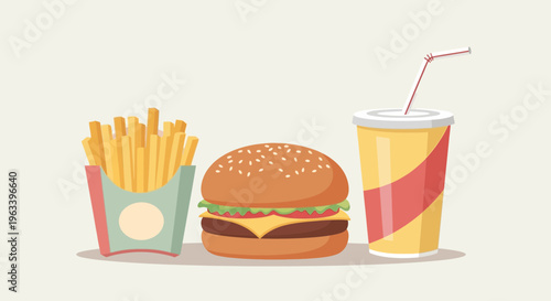 Delicious Burger Fries and Soda Combo Meal.