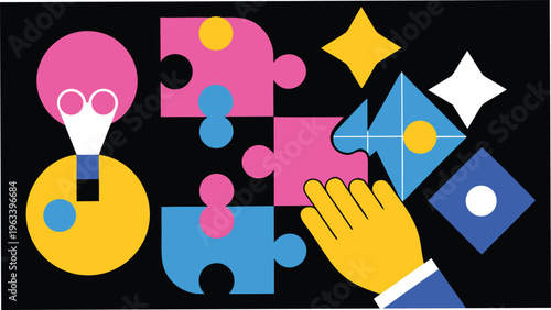 Creative lightbulb and puzzle pieces composition representing innovation and problem solving